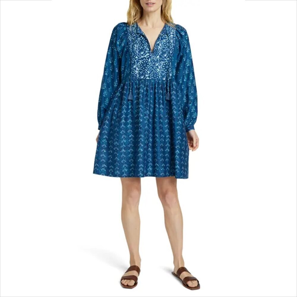 Faherty Soltice boho mini dress Sunburst blue ikat cotton silk shift new XS